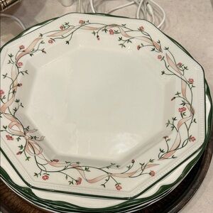 Johnson Brothers  6 Pink Ribbon & Green Trim Octagonal Dinner Plates/ VTG used